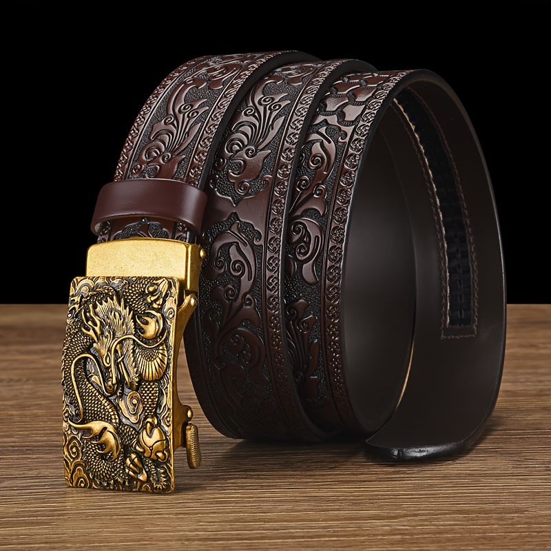 Dragon Head Leather Belt Men Intricate Carving Golden Buckle Brown Cowhide